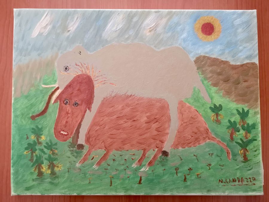 Dipinto di Natale Randazzo: Elefante nella giungla che incontra una femmina sconosciuta (Messina, 1997)